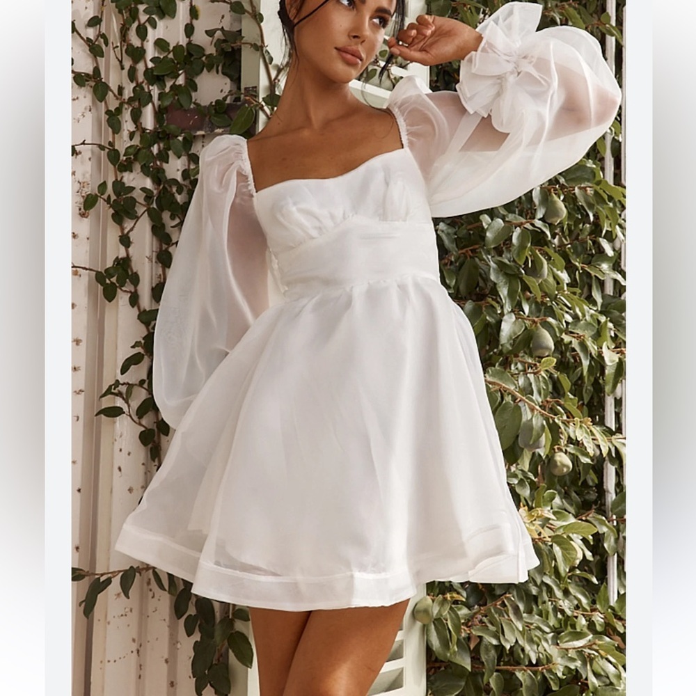 Selfie Leslie White Puff Sleeve Square Neck Mini Dress